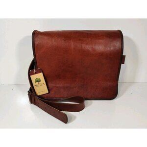 Rustic Town Messenger Bag Unisex Brown Genuine Leather Canvas Crossbody 12x10x4